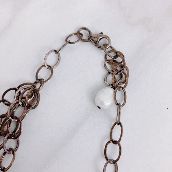 Multi-Strand Pearl Necklace on Oxidized Silver Chain, Boho Style, 13.5" - 16.5" - Picture 7 of 9